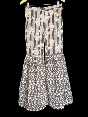 Sevya Handmade Brown and Cream Wide-Leg Ruffle Hem Pants